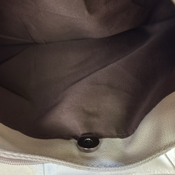 Canvas Shoulder Bag/Tote Bag Cream/Ivory W/Brown Lining 3 Compartments - Picture 4 of 9